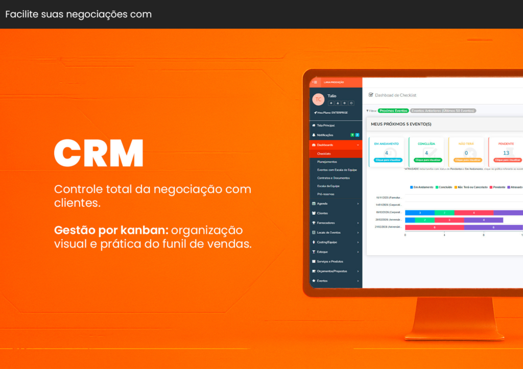 Imagem ilustrativa mostrando a interface da MeEventos CRM, destacando funcionalidades de gerenciamento de clientes e eventos para otimizar a organização e atendimento no setor de eventos.